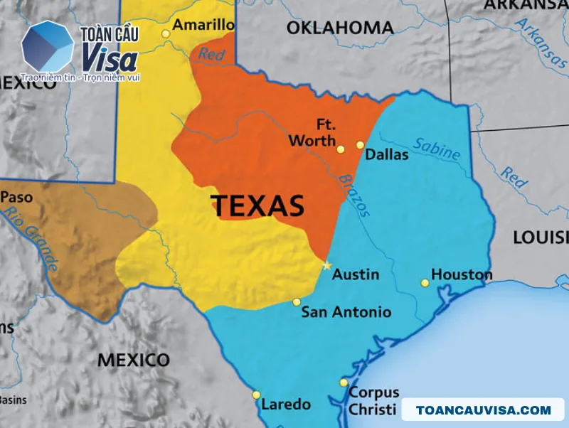3 Lý Do Khiến Khu Người Việt Ở Texas Ngày Càng Đông 3 Bản đồ tiểu bang Texas và các thành phố lớn Dallas, Houston, Austin, San Antonio