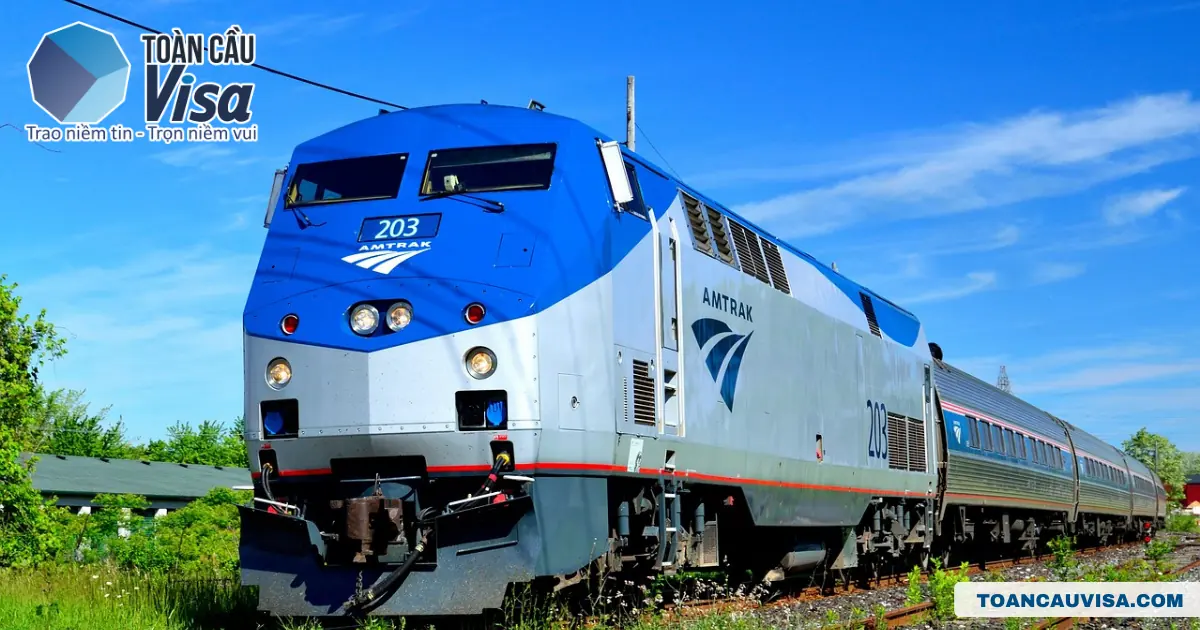 Kinh nghiệm định cư Mỹ: Quy trình định cư và hướng dẫn chi tiết 6 Tàu hỏa Amtrak chạy trên đường ray ở Mỹ