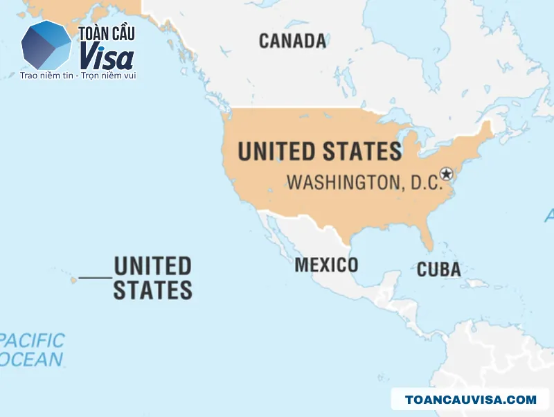 Bản đồ vị trí nước Mỹ ở Bắc Mỹ, giáp Canada và Mexico