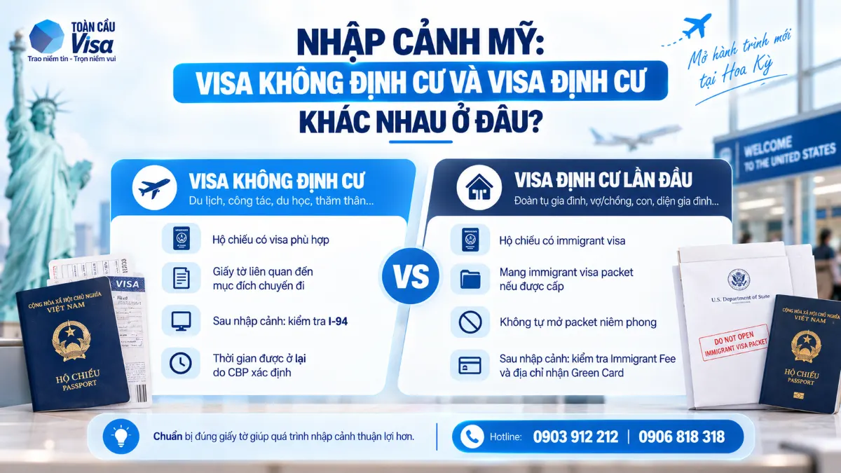 Thủ Tục Nhập Cảnh Mỹ Cho Visa Định Cư Và Không Định Cư 3 Người nhập cảnh Mỹ bằng visa không định cư cần kiểm tra I-94, còn người nhập cảnh lần đầu bằng visa định cư cần lưu ý immigrant visa packet, Immigrant Fee và địa chỉ nhận Green Card.