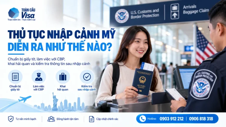 Hành khách làm thủ tục nhập cảnh Mỹ bằng cách xuất trình giấy tờ, làm việc với CBP và hoàn tất yêu cầu hải quan tại cửa khẩu.