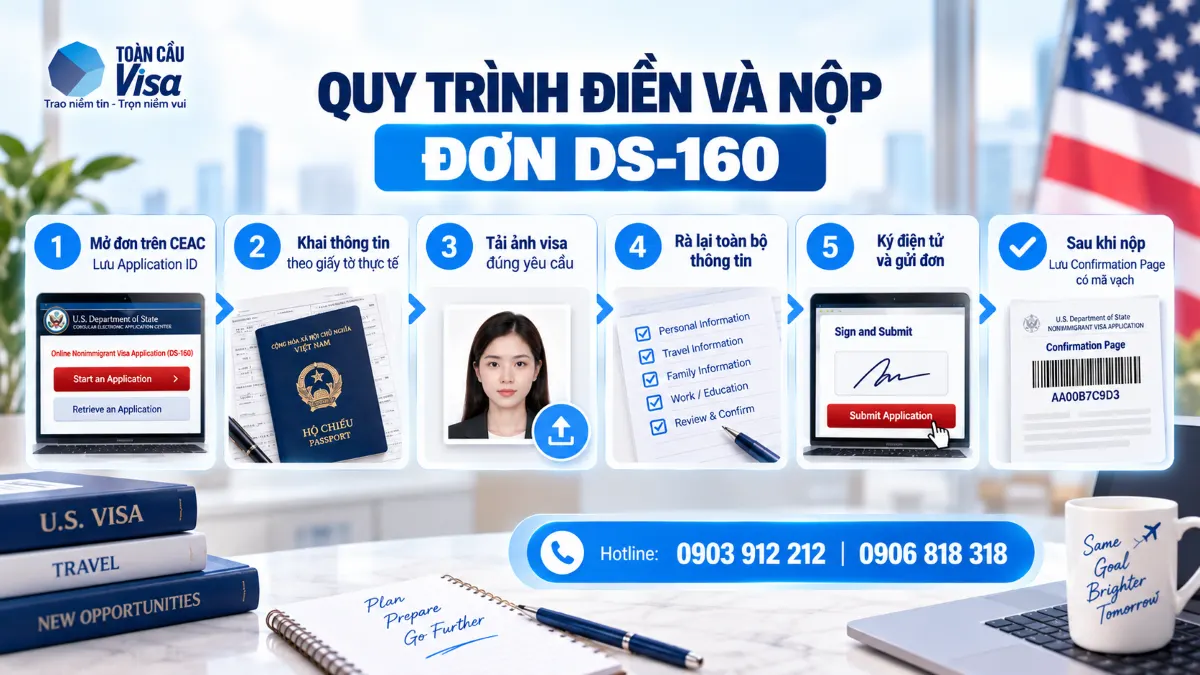 Người xin visa điền đơn DS-160 theo các bước mở đơn, khai thông tin, tải ảnh, kiểm tra, ký và lưu trang xác nhận.