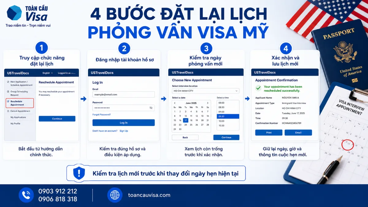 4 bước đặt lại lịch phỏng vấn visa Mỹ từ truy cập hệ thống đến xác nhận ngày hẹn mới