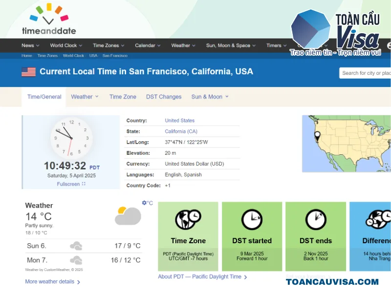Trang web xem giờ hiện tại ở San Francisco, California