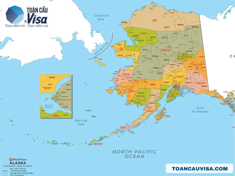 Alaska có Mã zip thường bắt đầu bằng 99, phản ánh vị trí địa lý ở Tây Bắc Hoa Kỳ