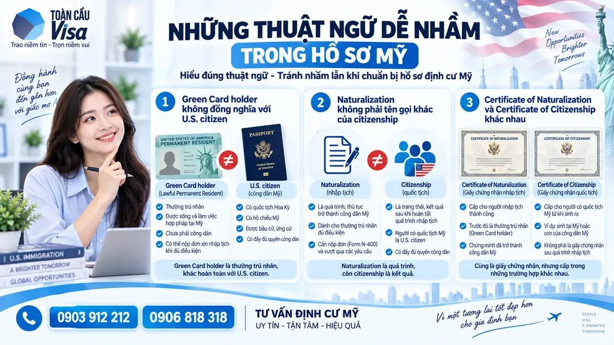 Quốc tịch Mỹ tiếng Anh là gì? Phân biệt thuật ngữ khi đọc hồ sơ 3 Phân biệt các thuật ngữ dễ nhầm khi chuẩn bị hồ sơ định cư Mỹ.