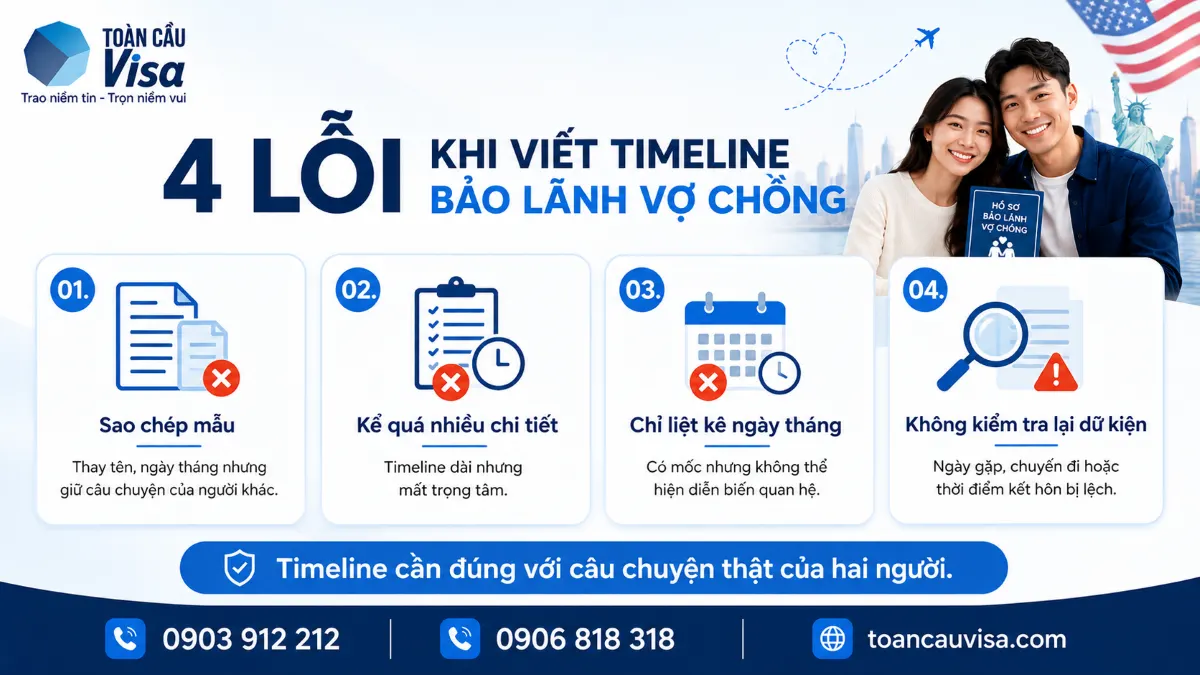 4 lỗi khi viết timeline bảo lãnh vợ chồng gồm sao chép mẫu, viết dài, thiếu diễn biến và sai dữ kiện